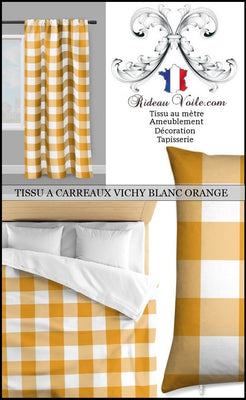 Carreaux vichy tissu mètre carré orange blanc rideau couette coussin