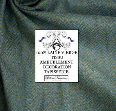 Boutique tissu 100% Laine vierge Bleu tweed vert uni au mètre, confection sur mesure rideau, housse de coussin et couverture, plaid. Décoration haut gamme couture d'intérieure d'ameublement tapisserie siège fauteuil Médaillon bergère canapé.