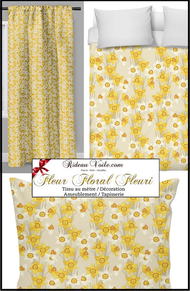 Tissu motif fleurs Jonquilles jaune ameublement tapisserie imprimé mètre rideau voilage couette ignifugé occultant Flower furnishing modern fabric upholstery meter curtain drapes Blumenmöbelstoff vorhang florales cortina tenda flores floral. Stoff mit blumen gardinen.