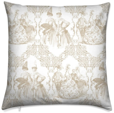 Toile de Jouy beige tissu motif  housse coussin sur mesure décoration boutique ameublement Paris Versailles