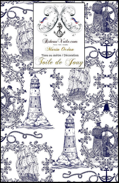 Tissu ameublement Toile de Jouy motif Marin au mètre bleu tessuto francese tappezzeria stile marino