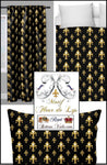 French editor textile luxury interior black Empire style golden design fabrics upholsterer tissu motif imprimé Fleur de Lys Or. Confection couturière ameublement Monarchie tapissier décoratrice architecte agencement d'intérieure Paris Versailles rideau ignifuge occultant, voilage.