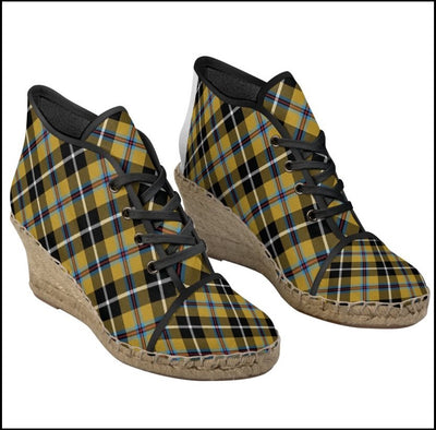 Espadrille chaussure femme compensée tissu toile motif carreaux tartan écossais jaune noir