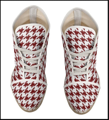 Espadrille chaussure femme talon compensé tissu toile motif carreaux pieds de poule rouge blanc
