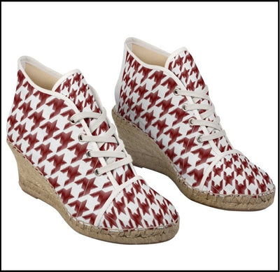 Espadrille chaussure femme talon compensé tissu toile motif carreaux pieds de poule rouge blanc