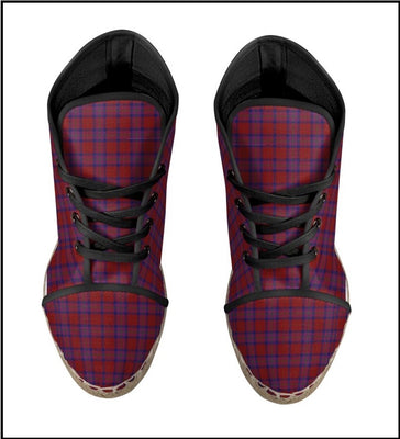 Chaussure femme espadrille talon compensé tissu toile motif carreaux tartan écossais rouge