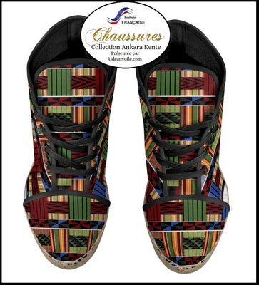 Espadrille chaussure femme talon compensé toile motif Africain Wax Ankara design Kente