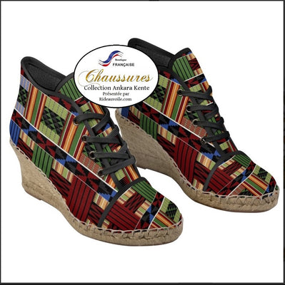 Espadrille chaussure femme talon compensé toile motif Africain Wax Ankara design Kente