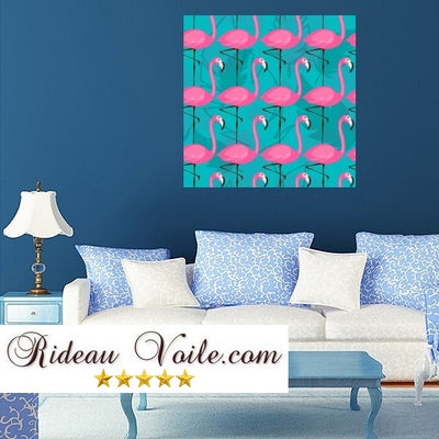 Tissu turquoise motif exotique tropical flamant rose mètre rideau couette coussin