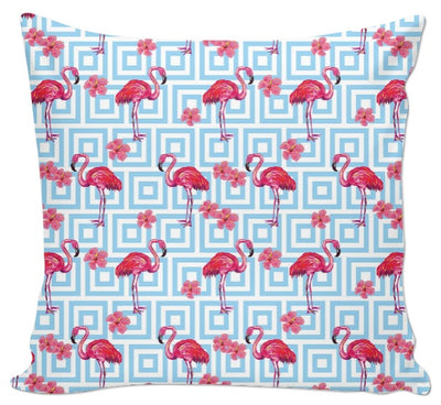 Tissu Feuilles fleurs motif exotique flamant rose tapisserie décoration bleu