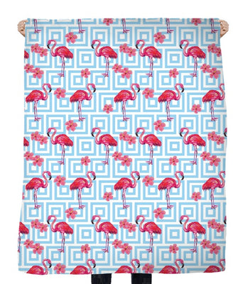 Tissu Feuilles fleurs motif exotique flamant rose tapisserie décoration bleu