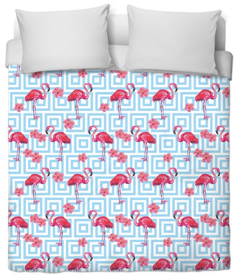 Tissu Feuilles fleurs motif exotique flamant rose tapisserie décoration bleu