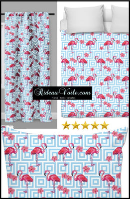 Tissu Feuilles fleurs motif exotique flamant rose tapisserie décoration bleu