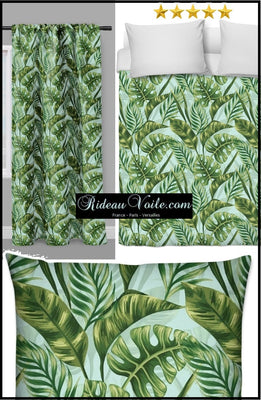 Tissu bleu au mètre motif feuille verte Tropical Exotique rideau couette coussin