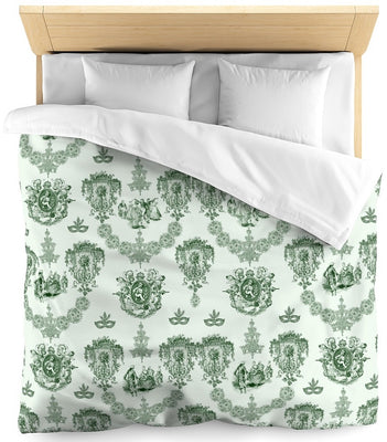 Tissu motif Toile de Jouy au mètre décoration ameublement rideau couette vert