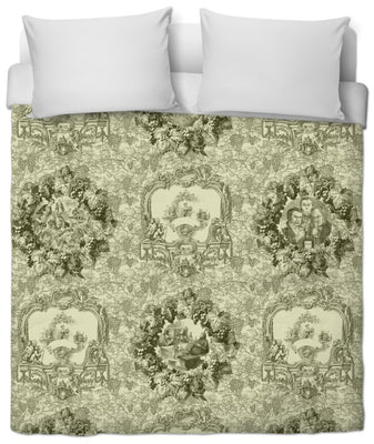 Tapisserie Toile de Jouy vert olive tissu au mètre décoration rideau couette coussin