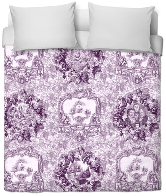 Tissu déco tapisserie Toile de Jouy au mètre violet rideau couette sur mesure