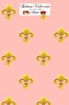 Boutique France Paris Versailles haut gamme décorateur agencement tissus ameublement style Monarchie Empire motif Fleur de lys Or tapisserie décoration extérieur intérieur de salon, chambre, cuisine avec rideau imprimé rose poudré. Ignifugé non feu, occultant, voilage.