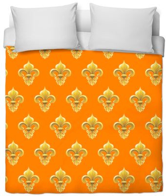 Tissu au mètre imprimé Fleur de lys Or orange rideau ignifuge occultant couette. Agence création textile architecte créateur agencement Paris Versailles décoration Empire haussmannien rideau imprimé ignifugé occultant, voilage, couette, coussin sur mesure. Revêtement siège fauteuil canapé étoffe style Monarchie motif Fleur de lys Or tapisserie.