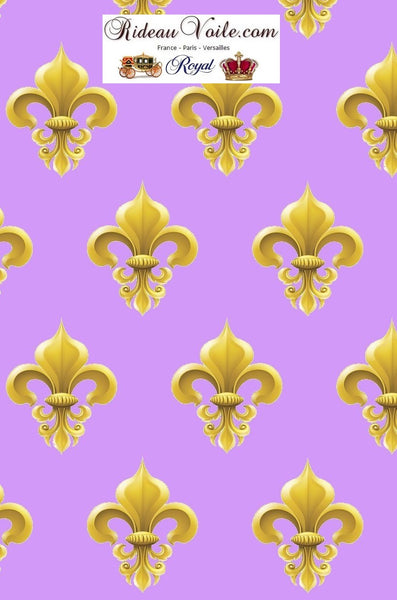 Motif Fleur de lys Or tissu ameublement violet - Architecte textile décoratrice intérieur extérieur style Empire Fleur de lys tissu ameublement France Paris Versailles haut gamme Monarchie Directoire tapisserie décoration d'intérieur du salon, chambre, cuisine à rideau imprimé ignifugé, occultant, voilage, siège fauteuil.