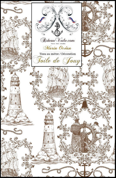 Toile de Jouy ameublement motif Marin tissu au mètre Boutique Paris Tissu ameublement Marin imprimé Bateau Or Doré mètre rideau Boat Nautical Upholstery Canvas meter marine upholstery fabric Nautical furnishing Yard curtain Tela estampada de marineros.