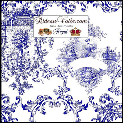 Toile de Jouy blue bleu encre upholstery meter home Parisian decorating. Tissus d'éditeur fabricant d'ameublement revêtement luxe au mètre décoration architecte d’intérieure couture haut gamme en ignifugé,