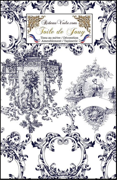 Fabriqué Français tissu ameublement Toile de Jouy bleu foncé mètre rideau et voilage