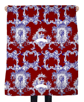 Tissu voilage décoration motif Toile de Jouy rouge bleu au mètre rideau tapisserie siège