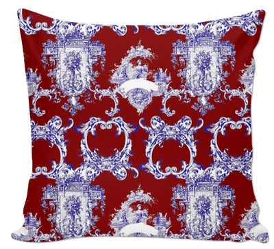 Tissu voilage décoration motif Toile de Jouy rouge bleu au mètre rideau tapisserie siège