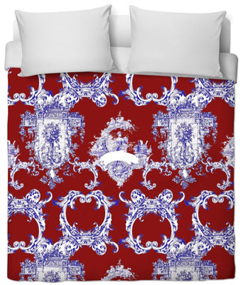 Tissu voilage décoration motif Toile de Jouy rouge bleu au mètre rideau tapisserie siège