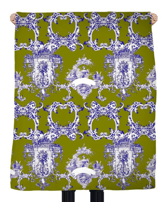 Tissu voilage décoration motif Toile de Jouy vert bleu au mètre rideau tapisserie siège