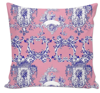 Tissu voilage décoration motif Toile de Jouy rose bleu au mètre rideau tapisserie siège