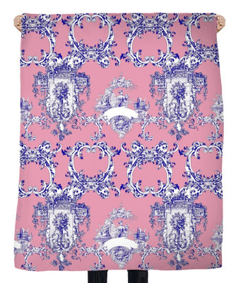 Tissu voilage décoration motif Toile de Jouy rose bleu au mètre rideau tapisserie siège