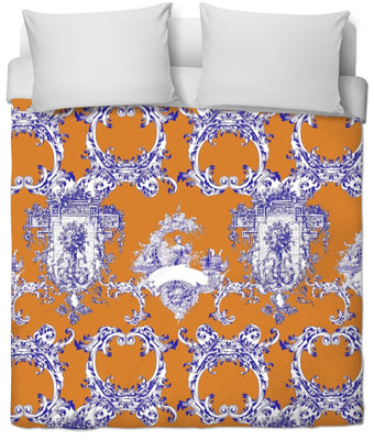 Tissu voilage décoration motif Toile de Jouy orange bleu au mètre rideau tapisserie siège