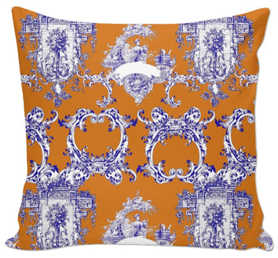 Tissu voilage décoration motif Toile de Jouy orange bleu au mètre rideau tapisserie siège