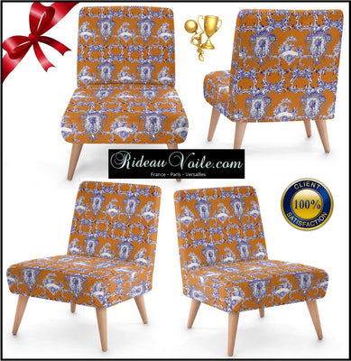 Tissu voilage décoration motif Toile de Jouy orange bleu au mètre rideau tapisserie siège