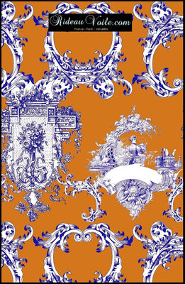 Tissu voilage décoration motif Toile de Jouy orange bleu au mètre rideau tapisserie siège Toile de Jouy haut gamme Boutique Tissu ameublement au mètre rideau voilage tapisserie motif fleur Möbelstoff vorhänge ignifugé occultant. Blumenmuster stoff. French fabric flower curtain drapes upholstery. Tela cortina. verhokangas. Tessuto per tende. Rido Stoff Riddoen.