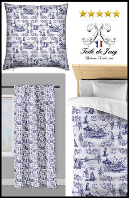Tissus au mètre ameublement tapisserie Toile de Jouy bleu rideau couette coussin