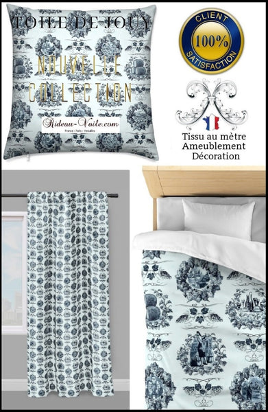 Toile de Jouy bleu turquoise tissu au mètre rideau coussin couette vigne vin. Tissu ameublement tapisserie style Empire Restauration Toile de Jouy rideau imprimé Jouy au mètre. Boutique Rideau ignifugé occultant.Textile Empire Restoration style country french fabric Toile de Jouy curtain. Arte fresca Stoffe im Stil des Klassizismus & Empire Tapestry klädsel tyg Restaurering.
