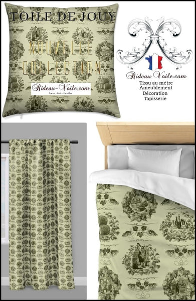 Toile de Jouy vert olive tissu au mètre rideau coussin couette