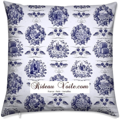 Tissu ameublement motif inspiration Toile de jouy bleu tapisserie mètre rideau voilage