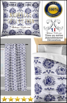Toile de Jouy bleu tissu au mètre rideau coussin couette