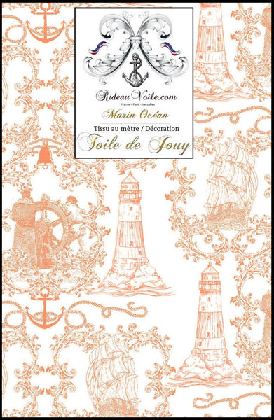 Toile de Jouy orange motif Marin bateau tissu au mètre Boutique Paris Tissu ameublement Marin imprimé Bateau Or Doré mètre rideau Boat Nautical Upholstery Canvas meter marine upholstery fabric Nautical furnishing Yard curtain Maritime Gardinen Vorhänge stoff Möbelstoff Seemanns Stoffe Meer Strand Feeling Cortina tela Marinera Tela estampada de marineros.
