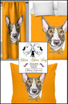 Motif décoration chien Bull-terrier tissu orange mètre rideau couette Dog pattern printed fabrics drapes