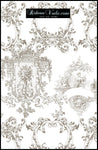 Tissu voilage déco motif Toile de Jouy Taupe brun au mètre rideau tapisserie siège
