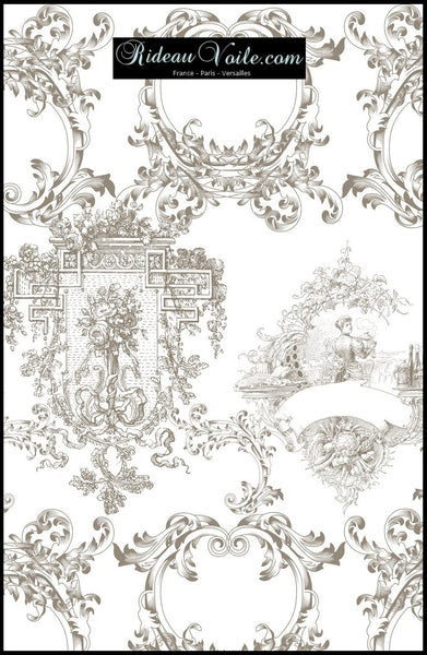 Tissu voilage déco motif Toile de Jouy Taupe brun au mètre rideau tapisserie siège