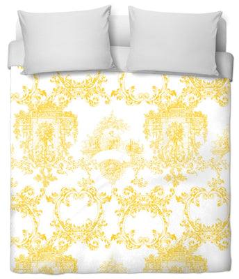 Tissu voilage ameublement motif Toile de Jouy jaune au mètre rideau tapisserie siège