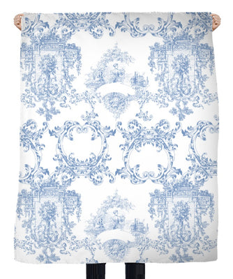 Tissu et voilage motif Toile de Jouy bleu pastel au mètre rideau tapisserie siège