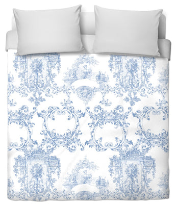 Tissu et voilage motif Toile de Jouy bleu pastel au mètre rideau tapisserie siège
