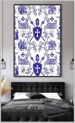 Tissu Toile de Jouy au mètre rideau coussin couette motif linge de maison bleu